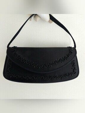Y2K Black Satin Beaded Evening Shoulder Bag Convertible Clutch Retro Prom